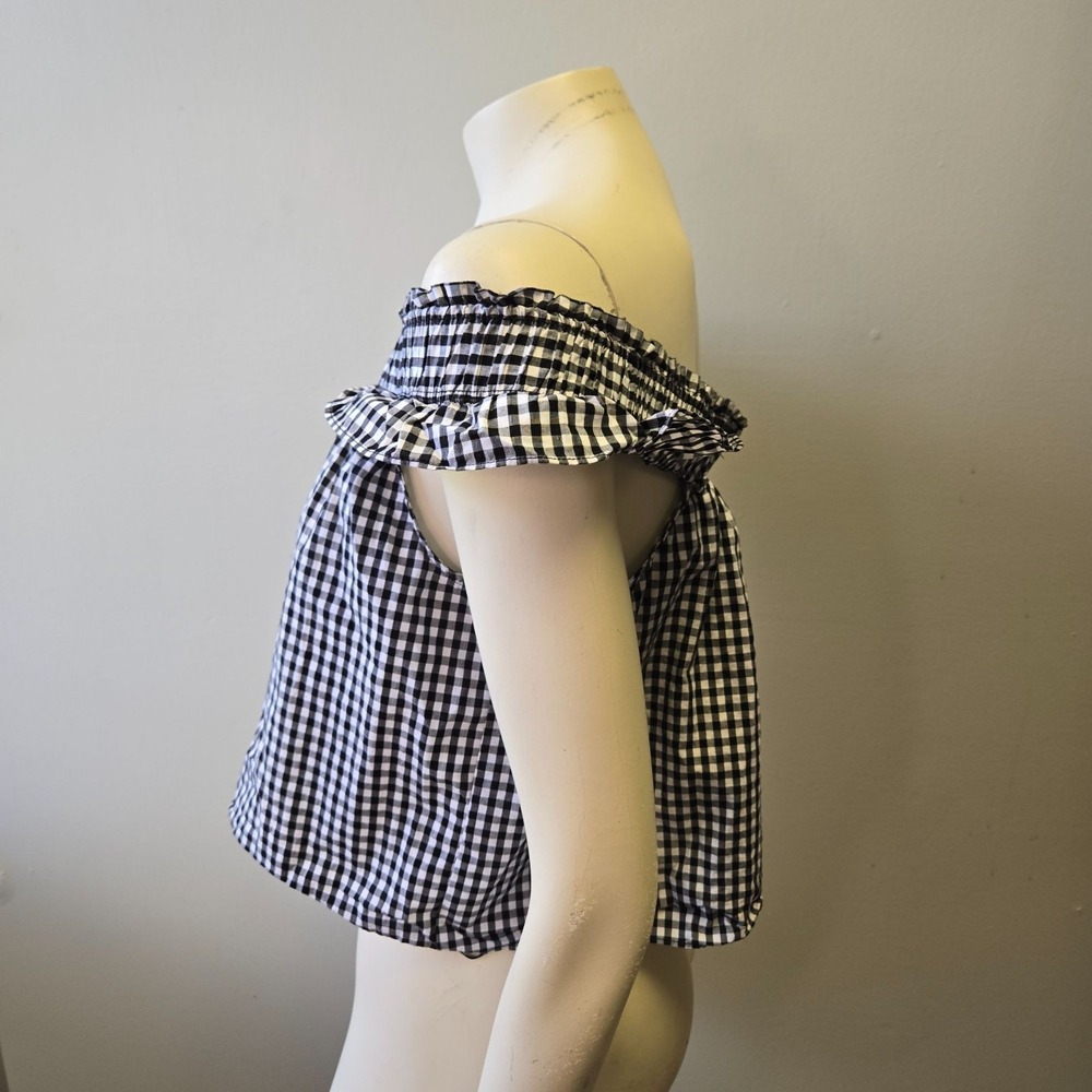 Guess Gingham Off-Shoulder Blouse Black & White Plaid Top Cottage Peasant Prairi - Picture 4 of 10